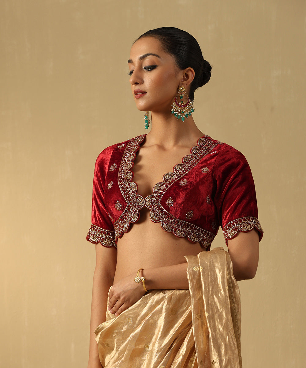 Rust Maroon Hand Embroidered Zardozi Silk Velvet Blouse With Scalloped Hemline Blouses/ Crop Tops