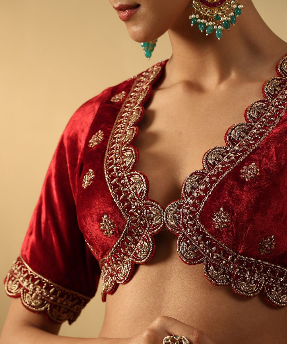 Rust Maroon Hand Embroidered Zardozi Silk Velvet Blouse With Scalloped Hemline Blouses/ Crop Tops