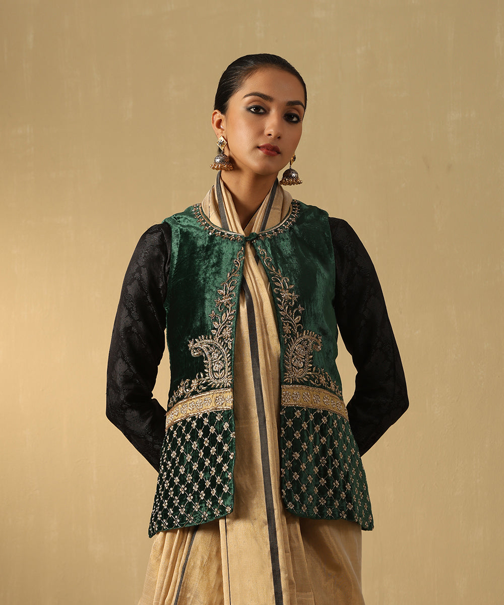 Green Hand Embroidered Zardozi Silk Velvet Jacket Ready To Wear Ensembles