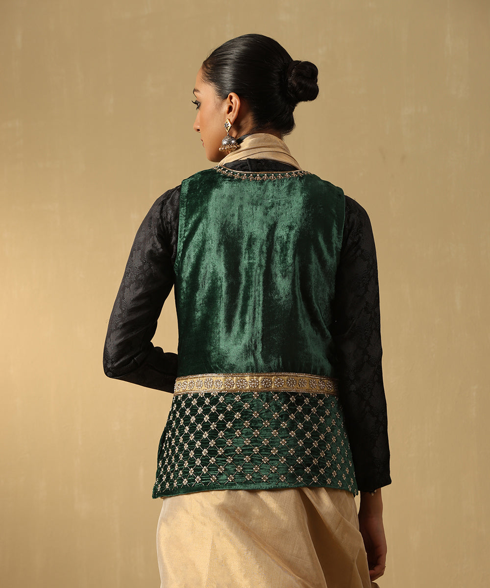 Green Hand Embroidered Zardozi Silk Velvet Jacket Ready To Wear Ensembles