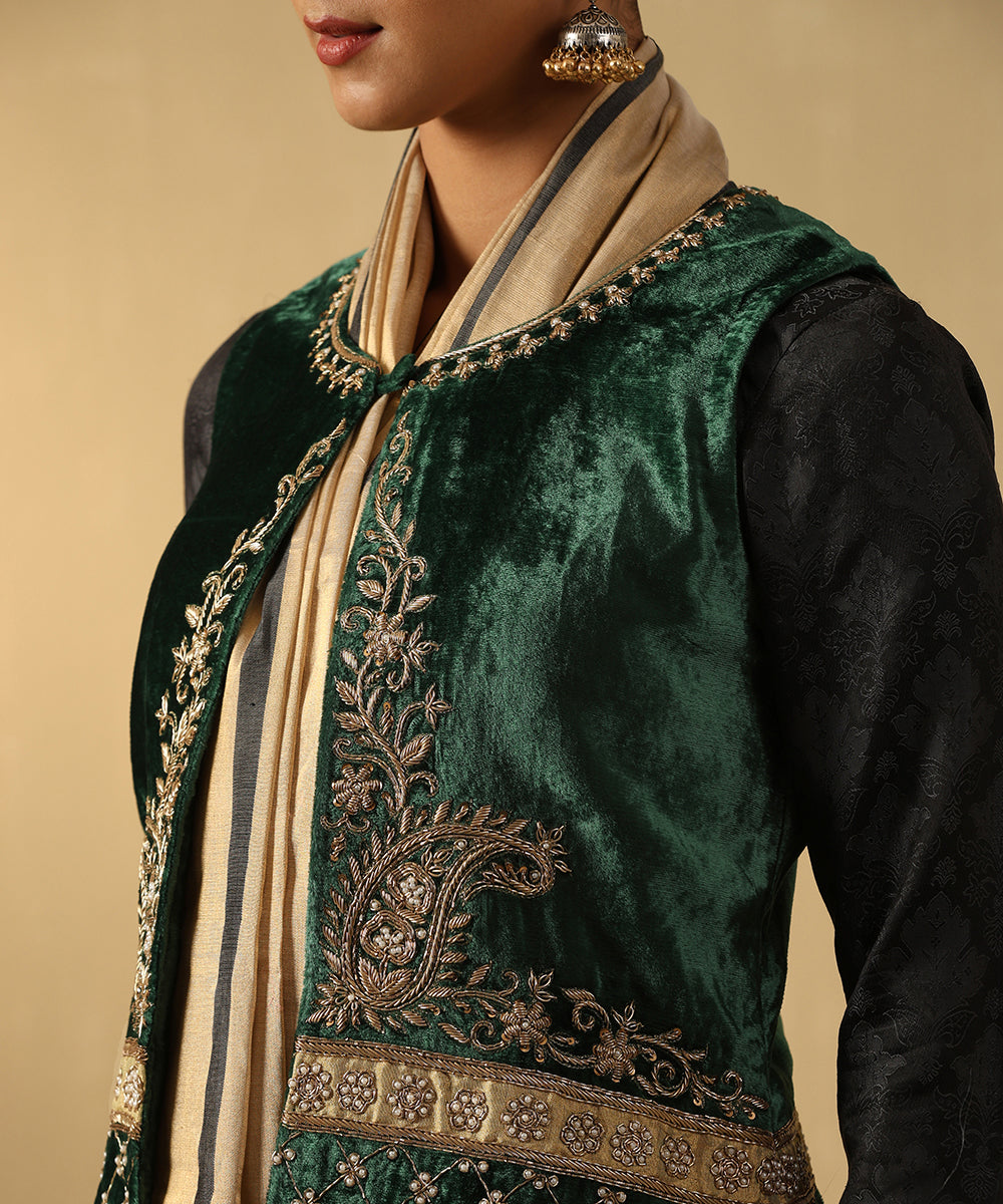 Green Hand Embroidered Zardozi Silk Velvet Jacket Ready To Wear Ensembles