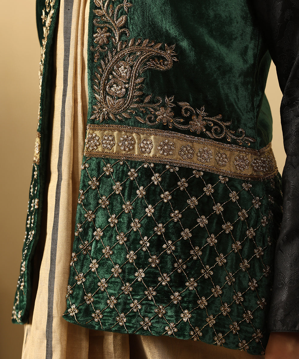 Green Hand Embroidered Zardozi Silk Velvet Jacket Ready To Wear Ensembles