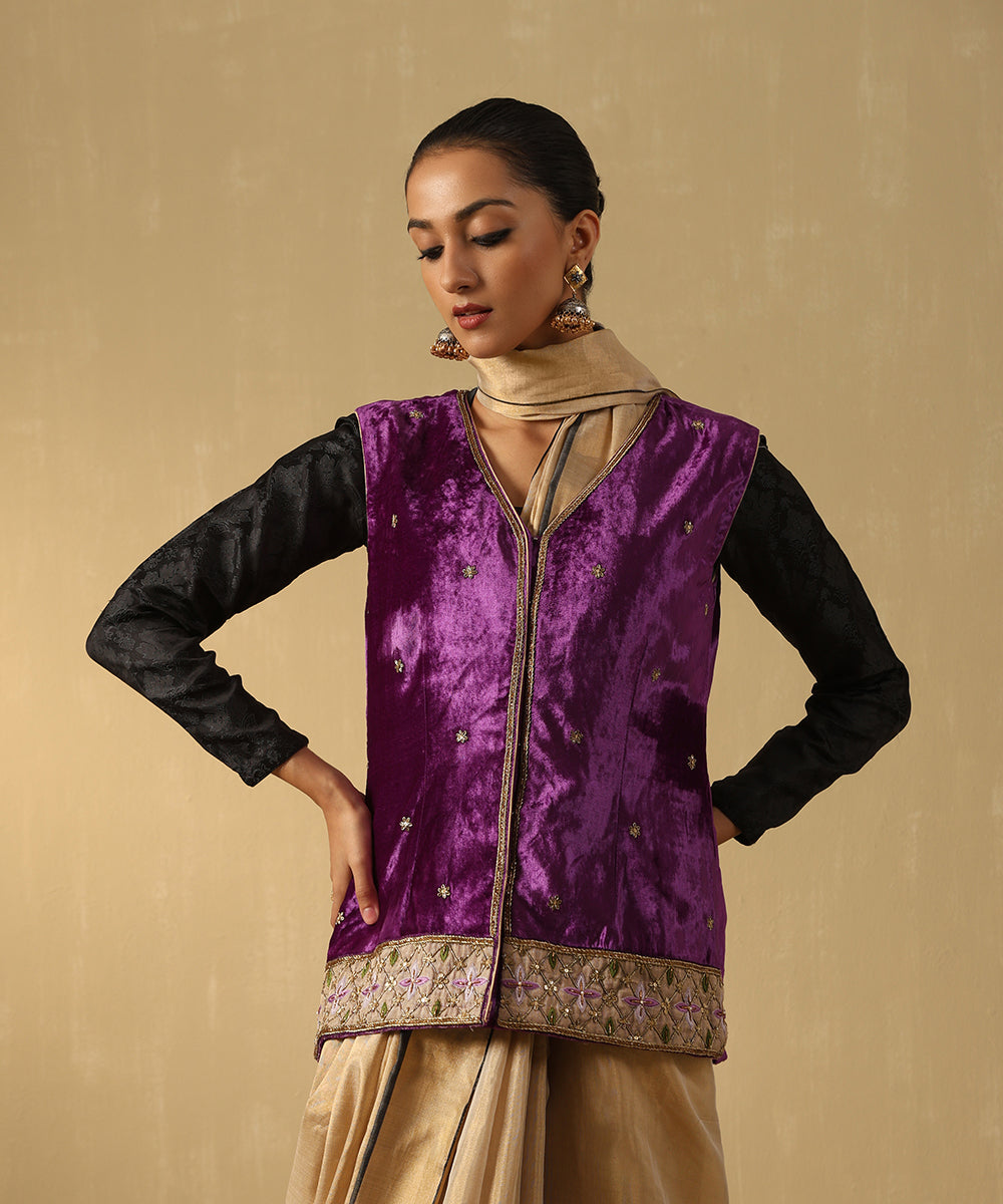 Purple Hand Embroidered Zardozi Silk Velvet Sleeveless Jacket Ready To Wear Ensembles
