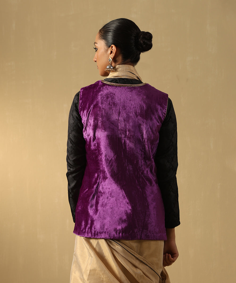 Purple Hand Embroidered Zardozi Silk Velvet Sleeveless Jacket Ready To Wear Ensembles
