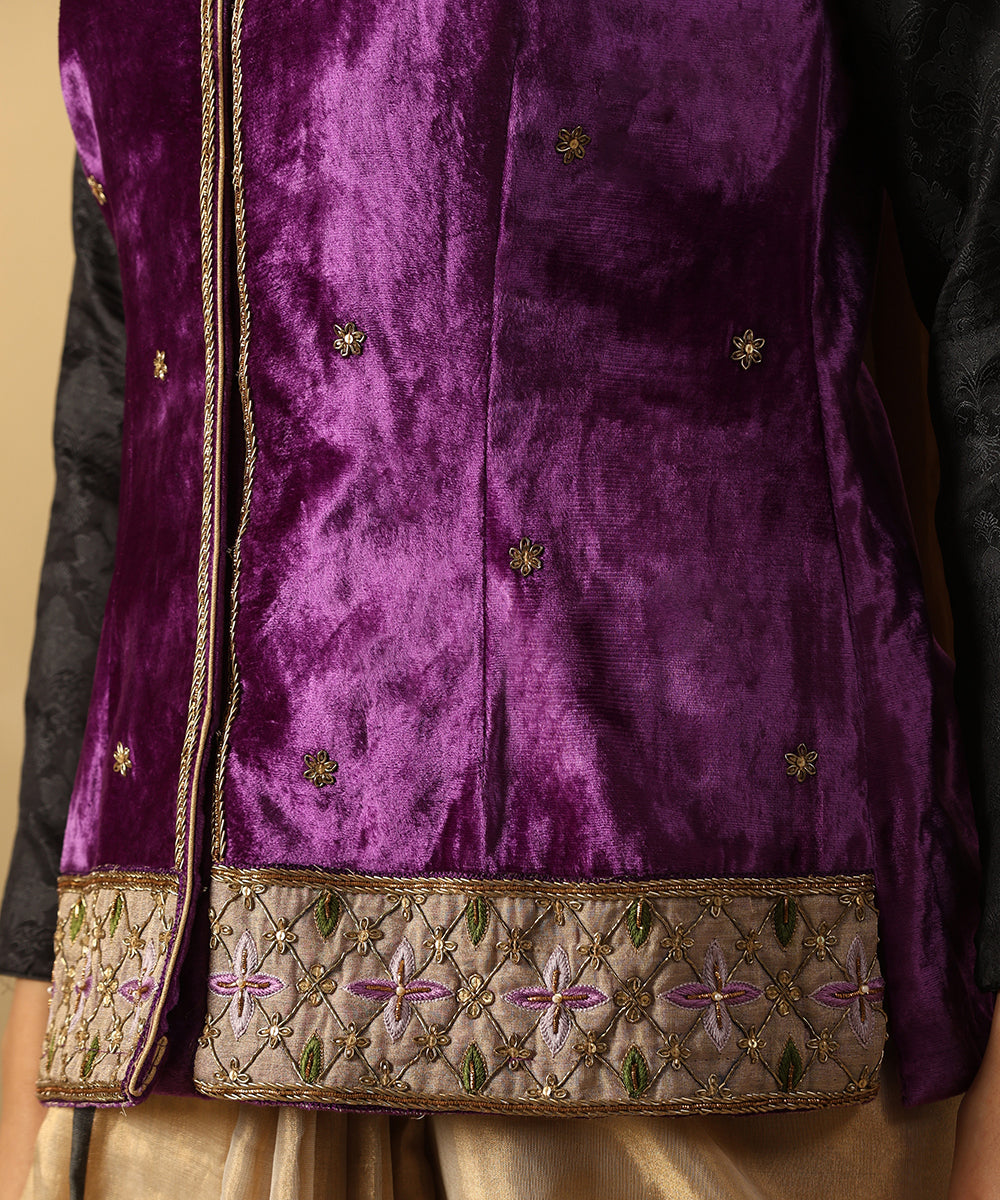 Purple Hand Embroidered Zardozi Silk Velvet Sleeveless Jacket Ready To Wear Ensembles