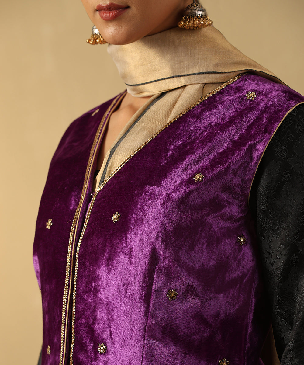 Purple Hand Embroidered Zardozi Silk Velvet Sleeveless Jacket Ready To Wear Ensembles
