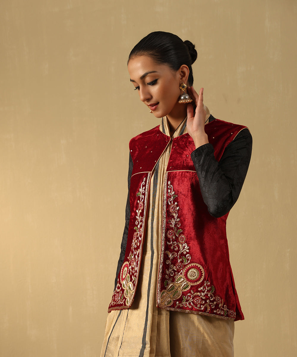 Maroon Hand Embroidered Zardozi Silk Velvet Jacket Ready To Wear Ensembles