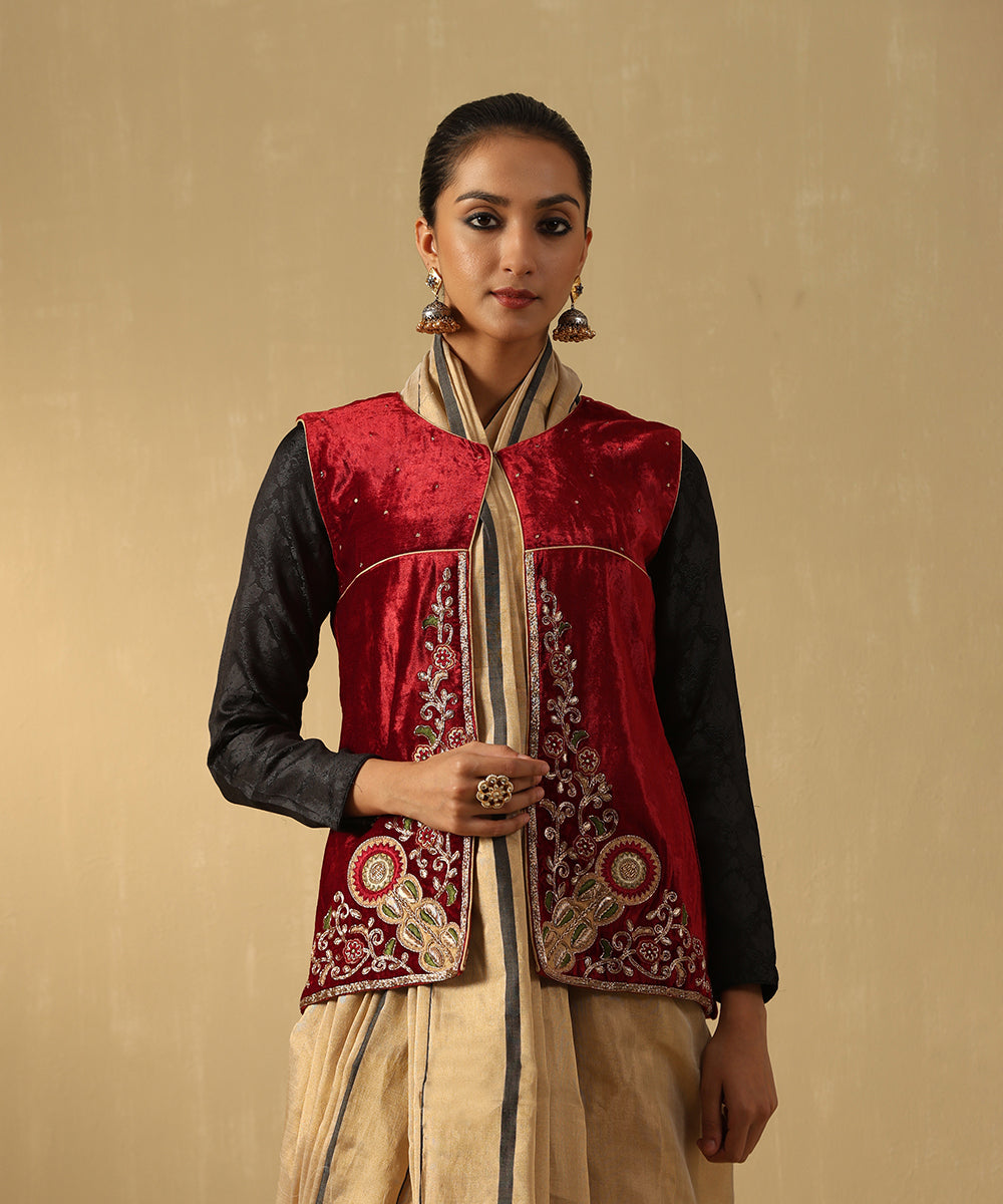Maroon Hand Embroidered Zardozi Silk Velvet Jacket Ready To Wear Ensembles