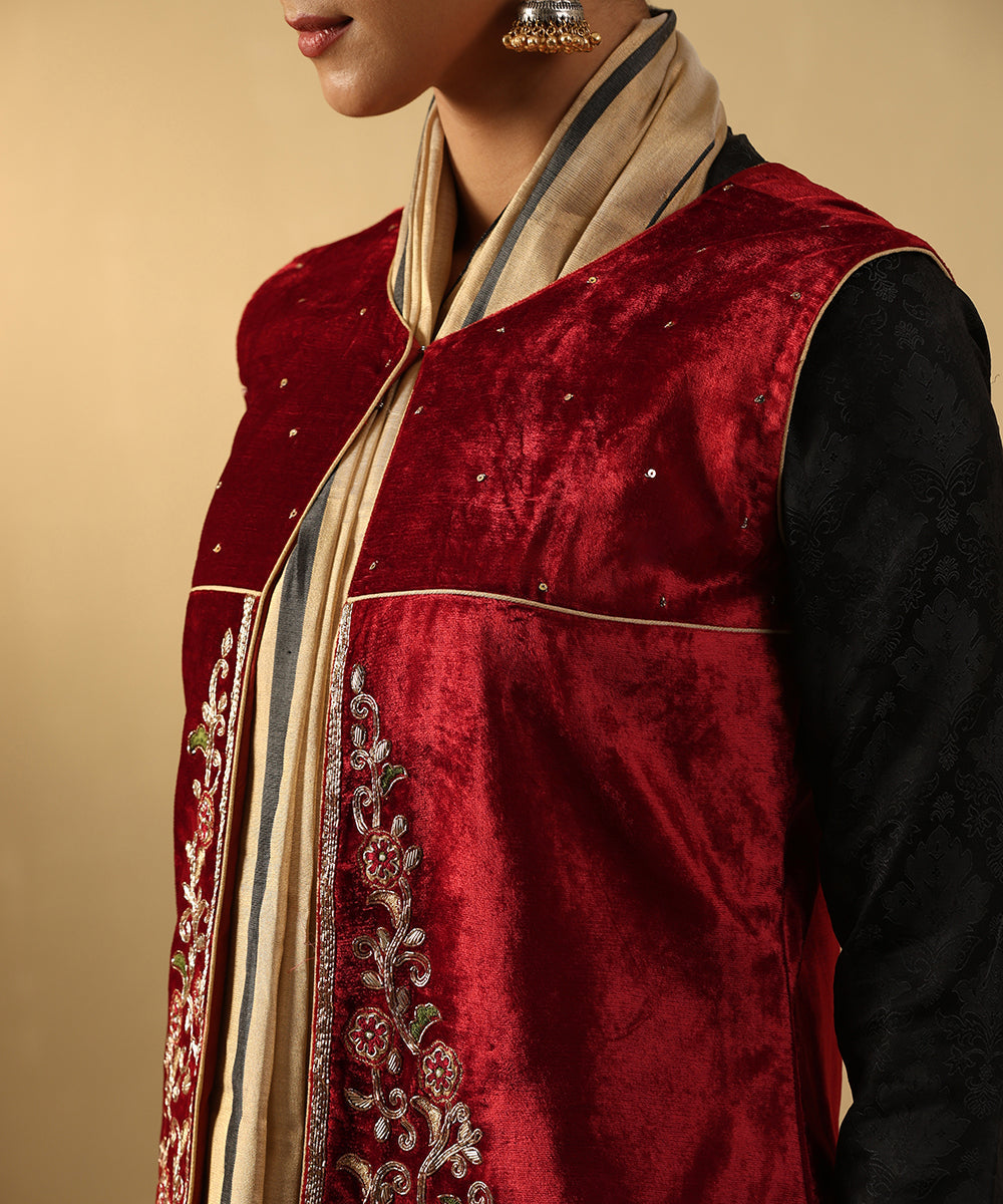 Maroon Hand Embroidered Zardozi Silk Velvet Jacket Ready To Wear Ensembles