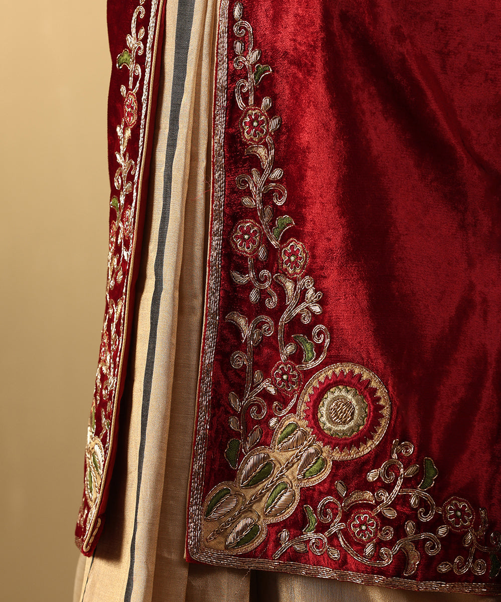 Maroon Hand Embroidered Zardozi Silk Velvet Jacket Ready To Wear Ensembles
