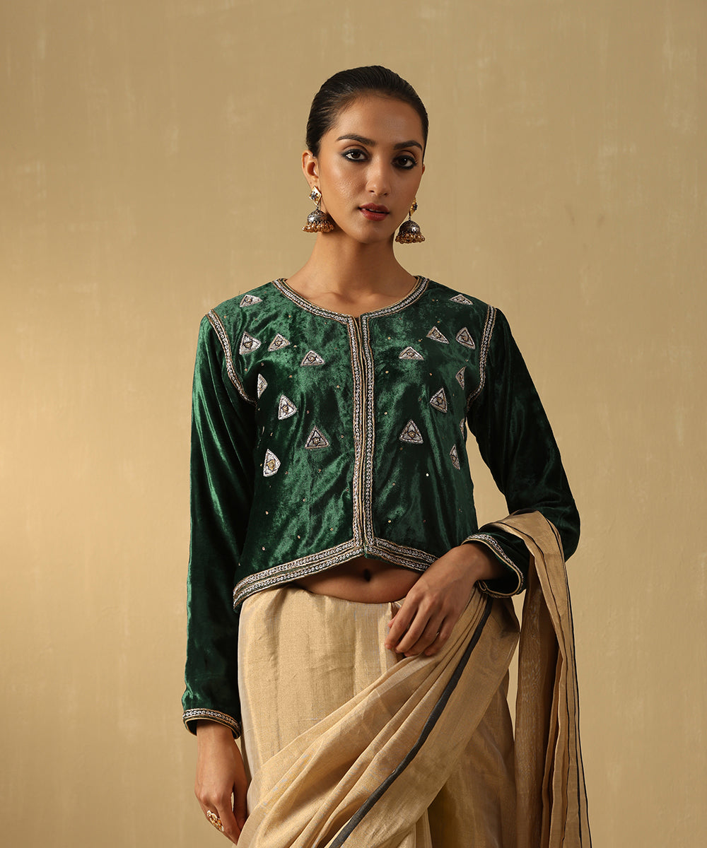 Deep Green Hand Embroidered Zardozi Cropped Velvet Jacket Ready To Wear Silk Ensembles