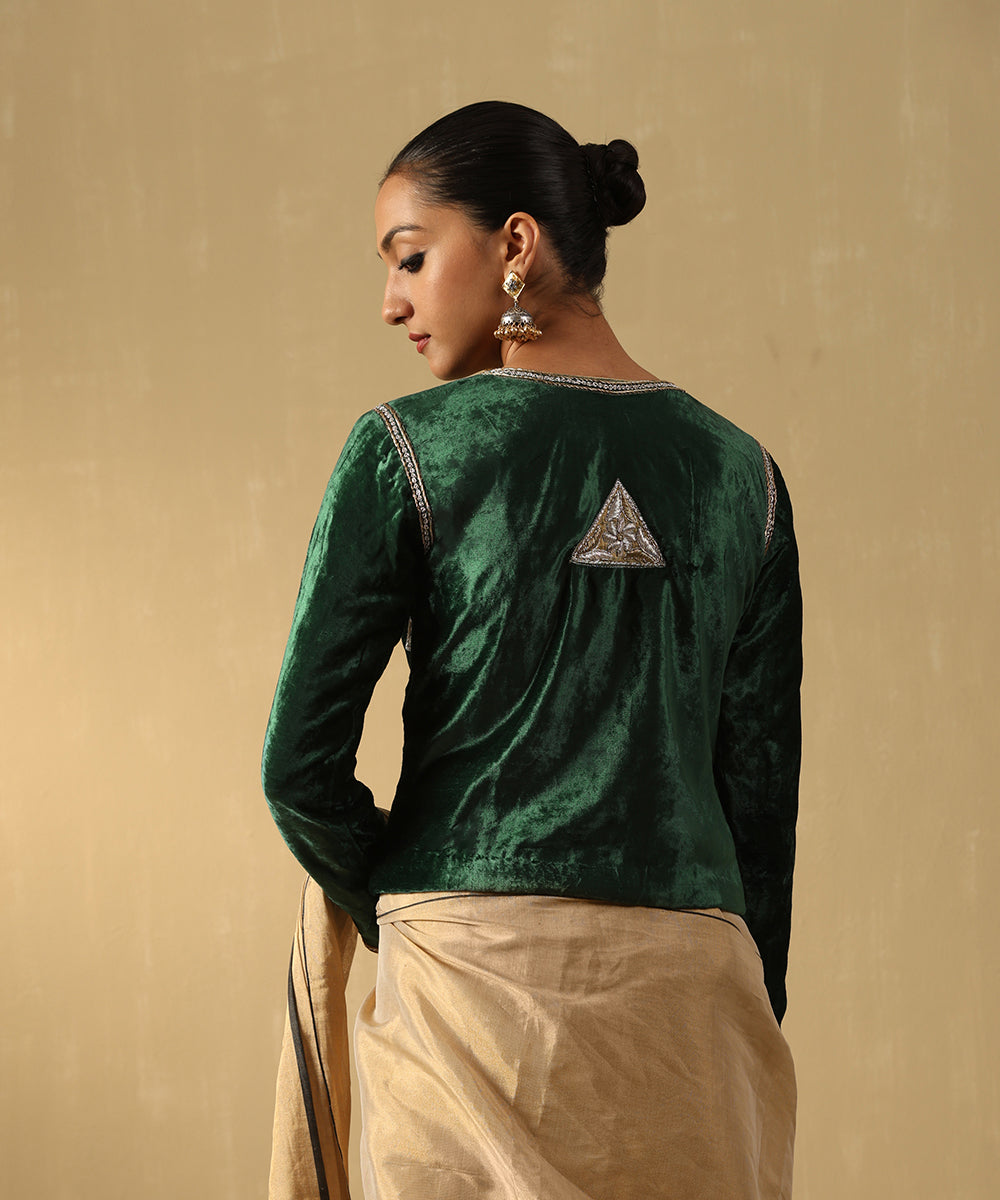 Deep Green Hand Embroidered Zardozi Cropped Velvet Jacket Ready To Wear Silk Ensembles