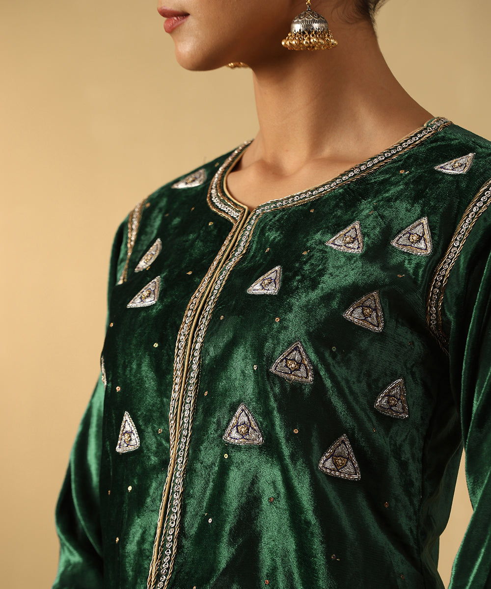 Deep Green Hand Embroidered Zardozi Cropped Velvet Jacket Ready To Wear Silk Ensembles