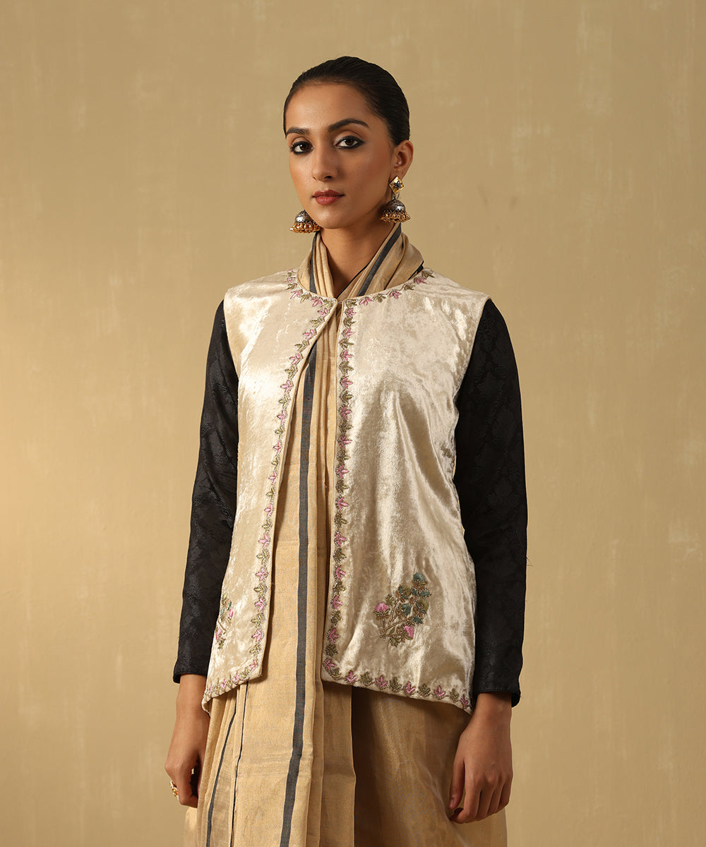 Off-White Hand Embroidered Zardozi Silk Velvet Jacket Ready To Wear Ensembles