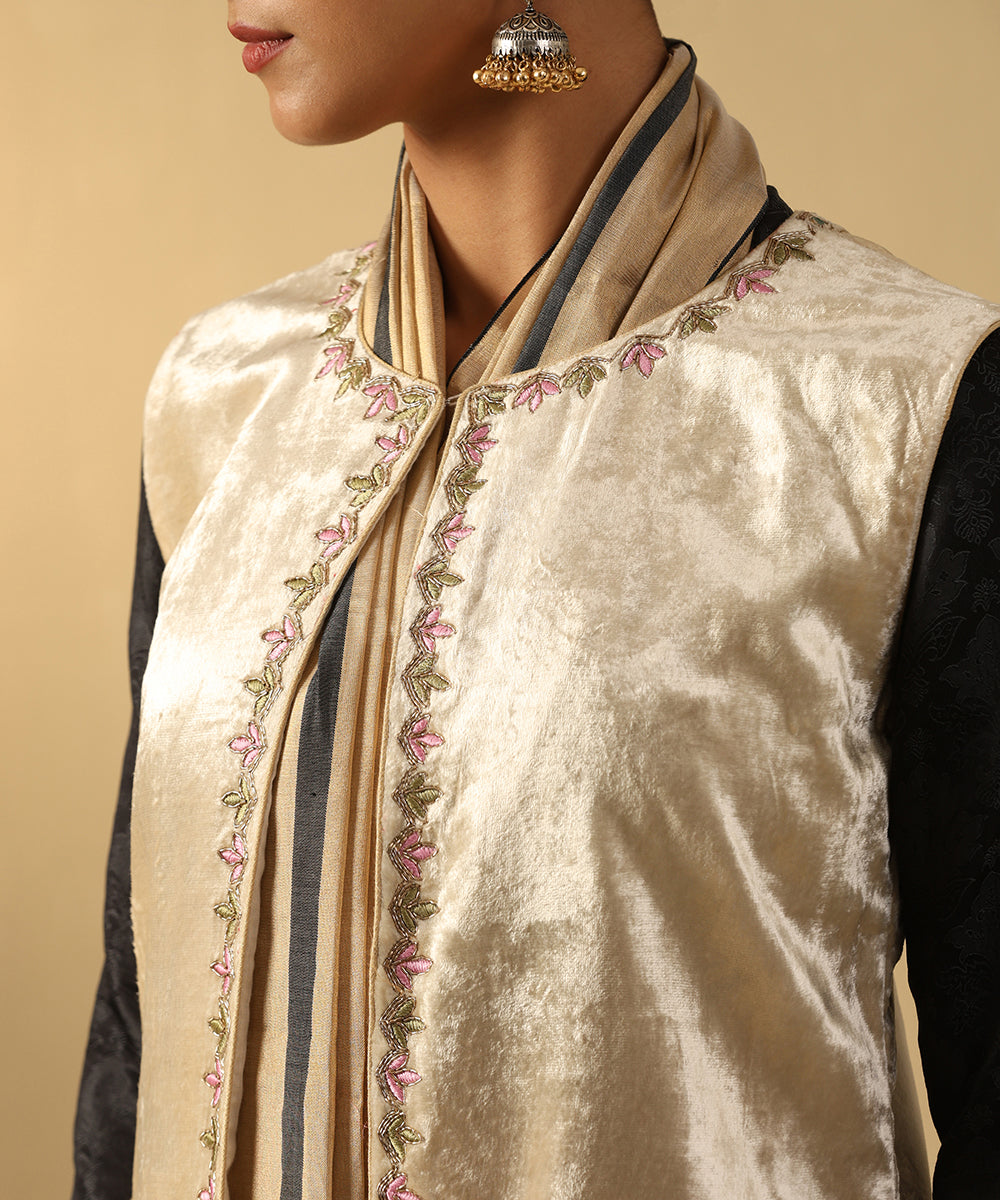 Off-White Hand Embroidered Zardozi Silk Velvet Jacket Ready To Wear Ensembles
