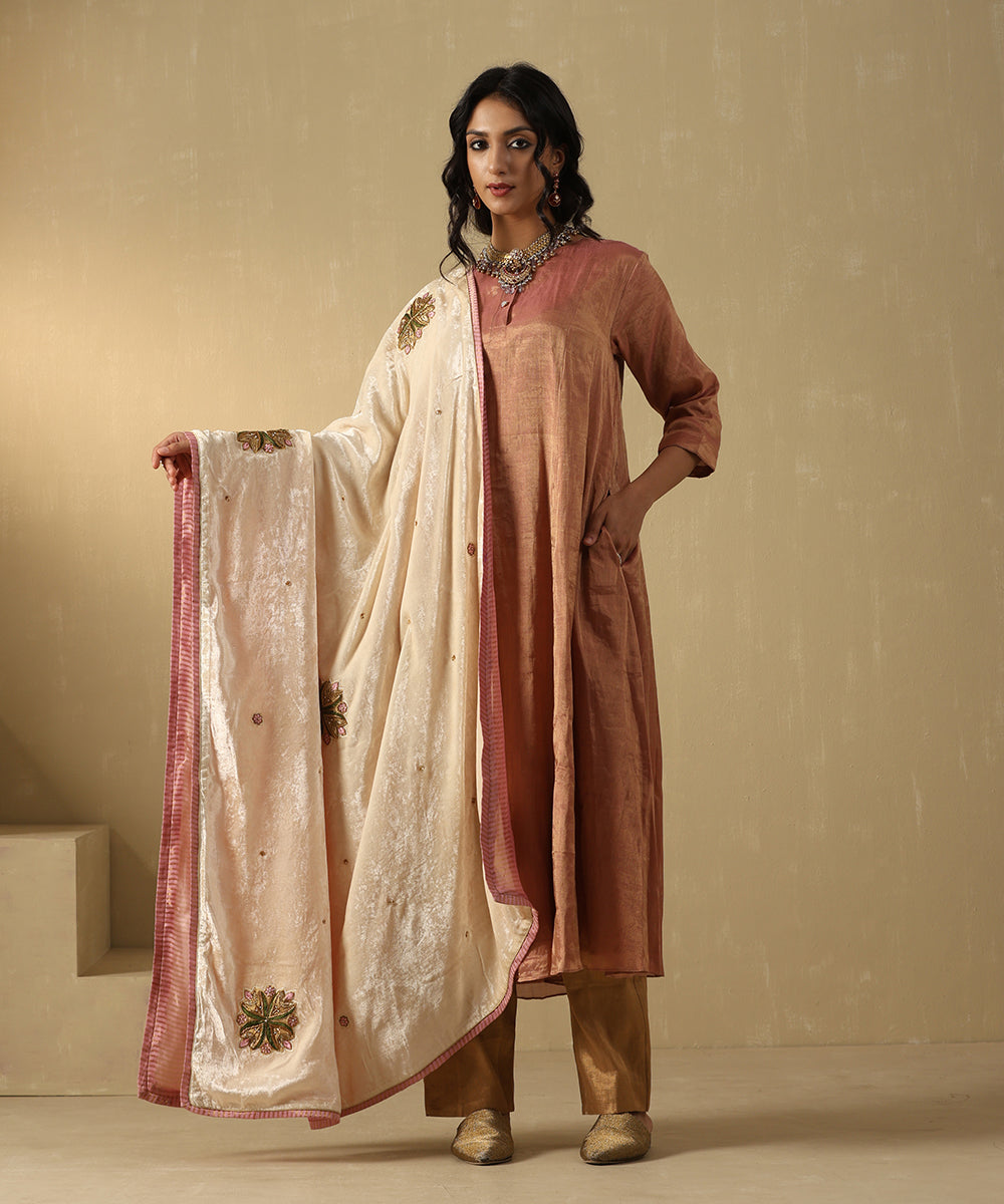 Off-White Hand Embroidered Zardozi Silk Velvet Doshala With Contrast Chanderi Tissue Border Dupatta