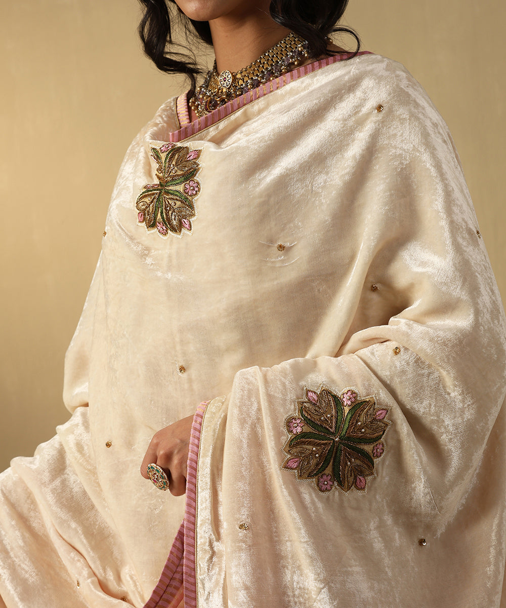 Off-White Hand Embroidered Zardozi Silk Velvet Doshala With Contrast Chanderi Tissue Border Dupatta