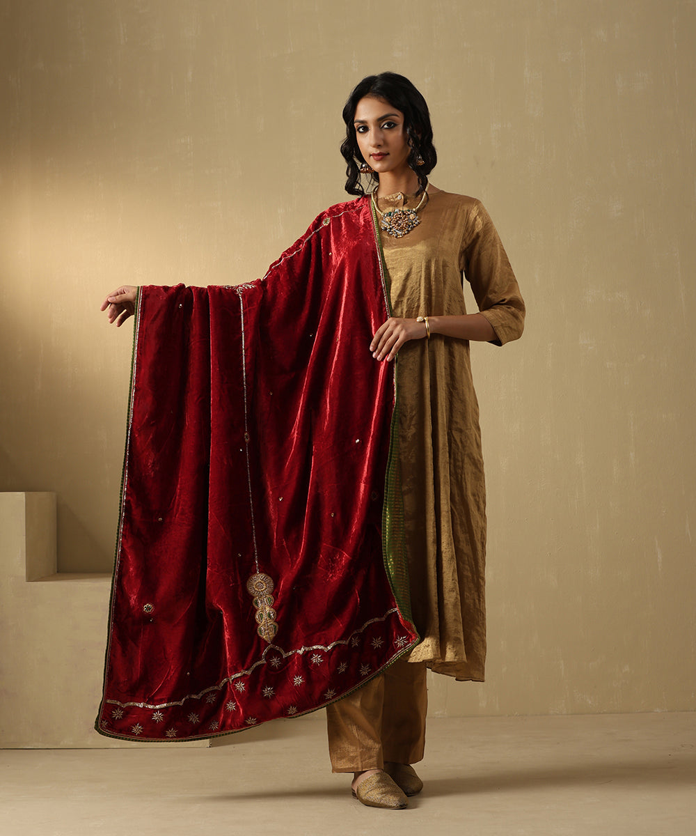 Red And Maroon Hand Embroidered Zardozi Silk Velvet Doshala Dupatta