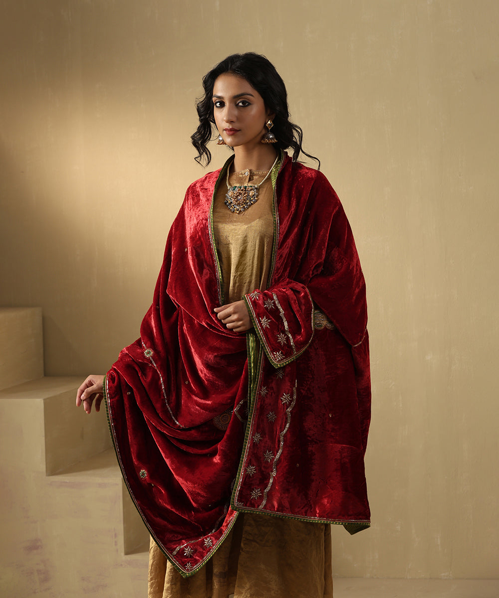 Red And Maroon Hand Embroidered Zardozi Silk Velvet Doshala Dupatta