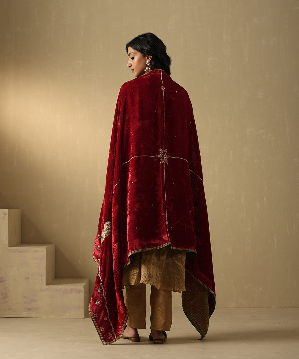 Red And Maroon Hand Embroidered Zardozi Silk Velvet Doshala Dupatta