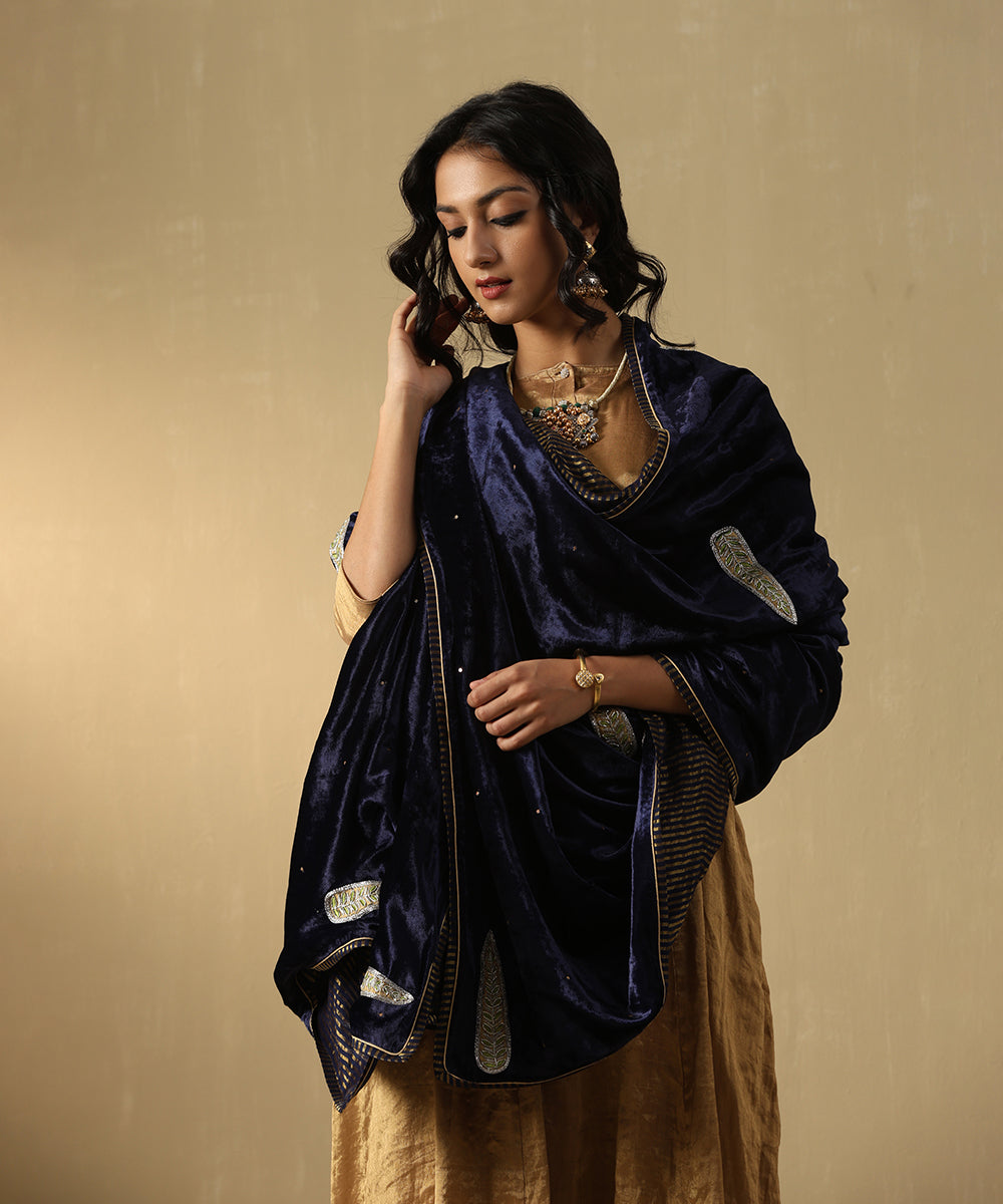 Navy Blue Hand Embroidered Zardozi Silk Velvet Doshala With Chanderi Tissue Border Dupatta