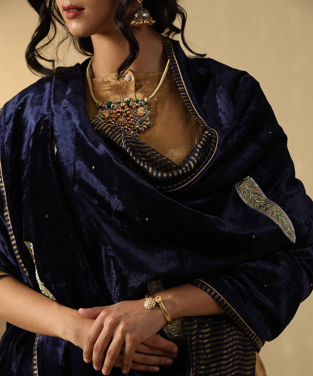 Navy Blue Hand Embroidered Zardozi Silk Velvet Doshala With Chanderi Tissue Border Dupatta