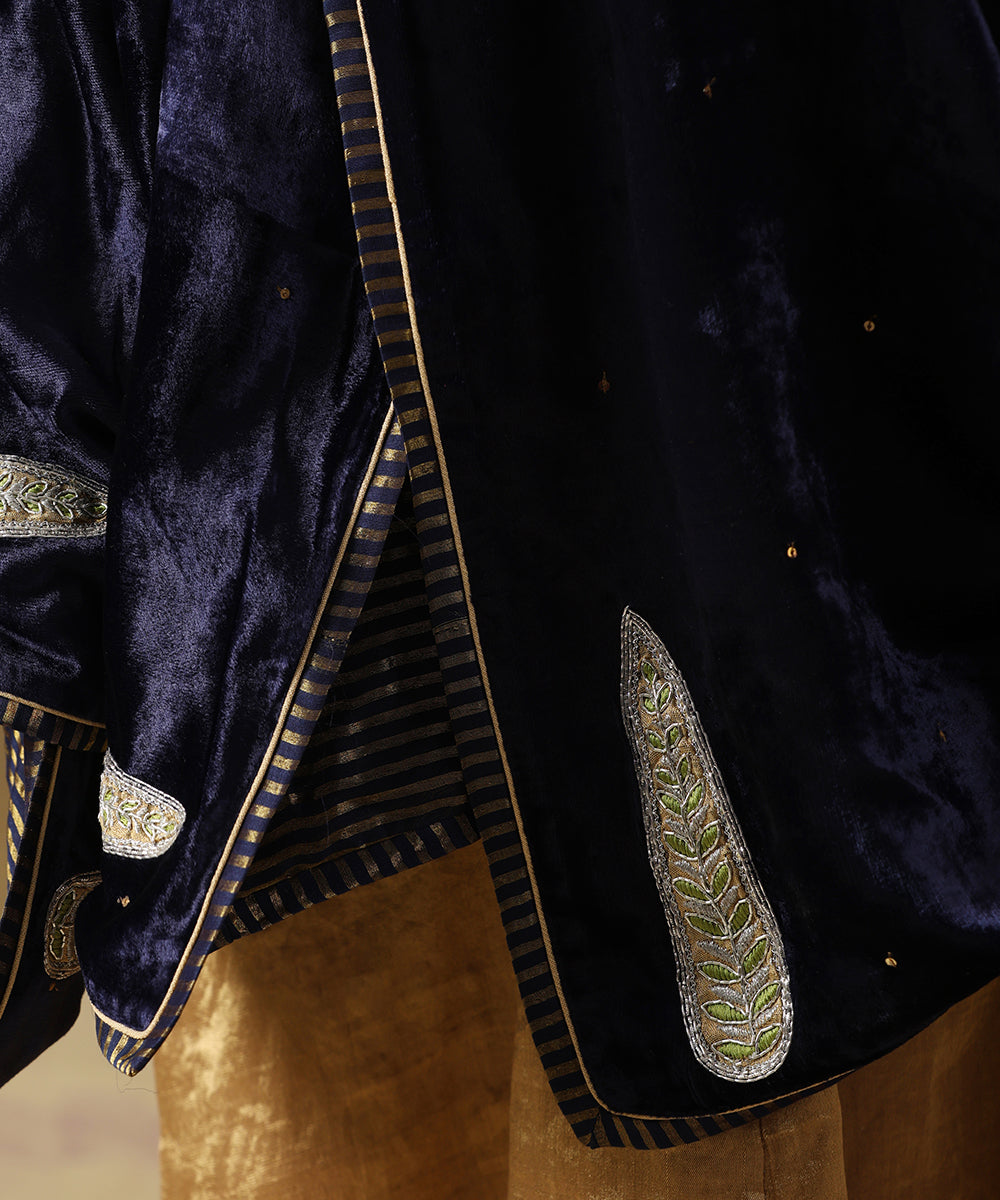 Navy Blue Hand Embroidered Zardozi Silk Velvet Doshala With Chanderi Tissue Border Dupatta