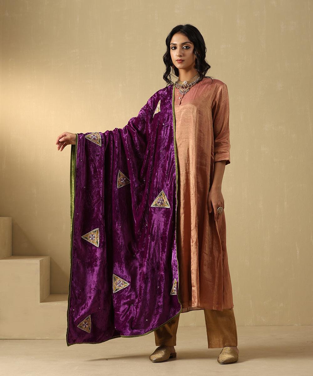 Purple Mauve Hand Embroidered Zardozi Silk Velvet Doshala With Contrast Chanderi Tissue Border