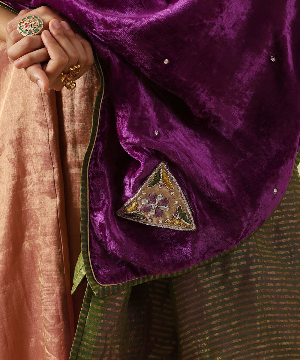 Purple Mauve Hand Embroidered Zardozi Silk Velvet Doshala With Contrast Chanderi Tissue Border