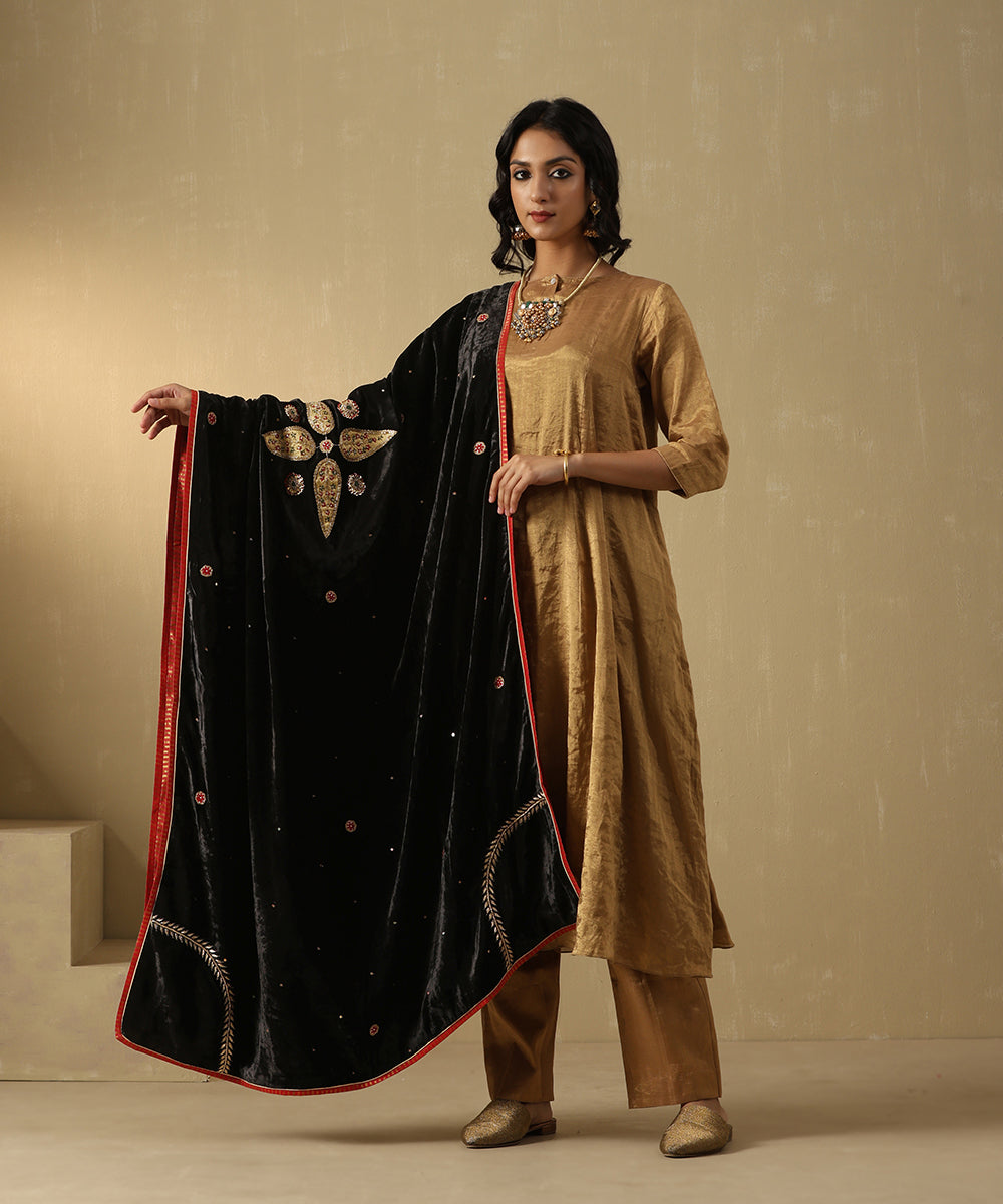 Black Hand Embroidered Zardozi Silk Velvet Doshala With Contrast Chanderi Tissue Border Dupatta