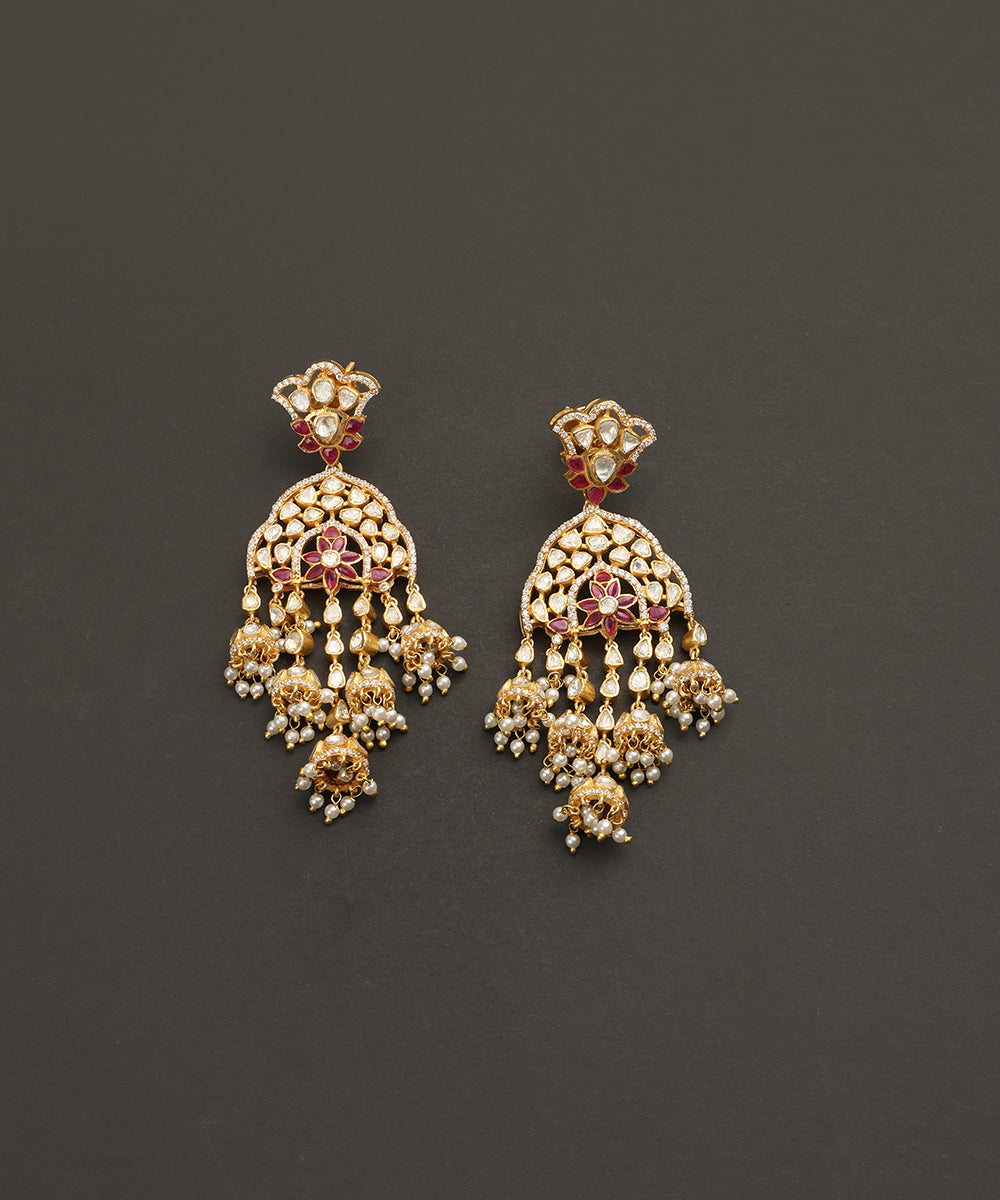 Dilfaroz_Handcrafted_Silver_Jhumka_Style_Earrings_With_Moissanite_Red_Semi_Precious_Stones_CZ_And_Moti_Hangings_WeaverStory_02