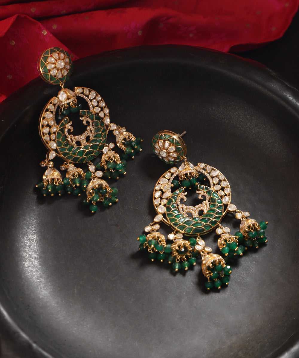 Daman_Handcrafted_Silver_Chandbali_Earrings_With_Moissanite_Green_Semi_Precious_Stones_And_Beads_WeaverStory_01