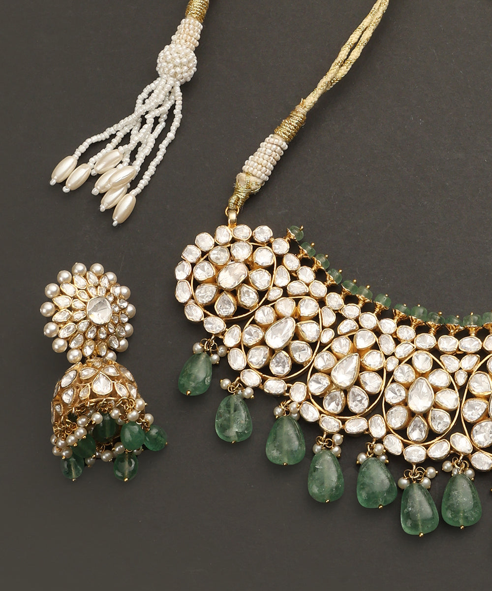 Aabroo_Handcrafted_Silver_Neklace_Set_with_Moissanite_and_Green_Semi_Precious_Stones_WeaverStory_04