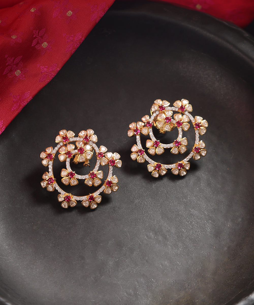 Dilkash_Handcrafted_Silver_Earrings_With_Moissanite_And_Red_Semi_Precious_Stones_In_Floral_Motifs_WeaverStory_01