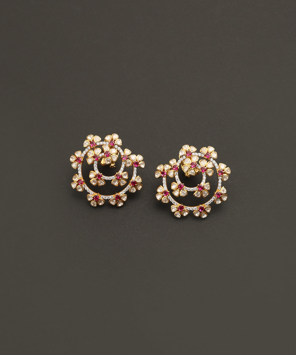 Dilkash_Handcrafted_Silver_Earrings_With_Moissanite_And_Red_Semi_Precious_Stones_In_Floral_Motifs_WeaverStory_02