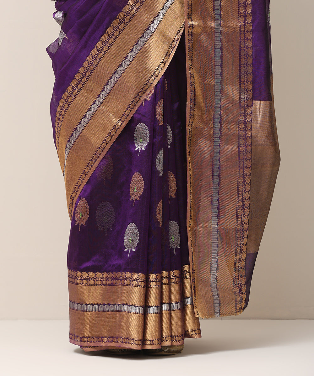 Handloom Purple Pure Silk Chanderi Saree With Antique Zari Border