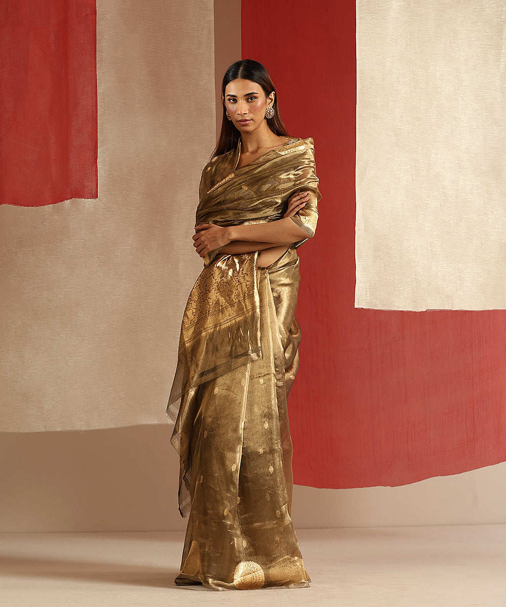 Olive_And_Gold_Handloom_Pure_Tissue_Silk_Banarasi_Saree_With_Kadhwa_Boota_WeaverStory_02