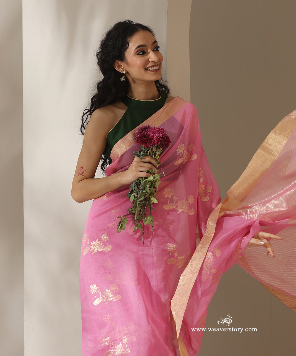 Pink_Handloom_Lotus_Motif_Cotton_Silk_Chanderi_Saree_WeaverStory_02