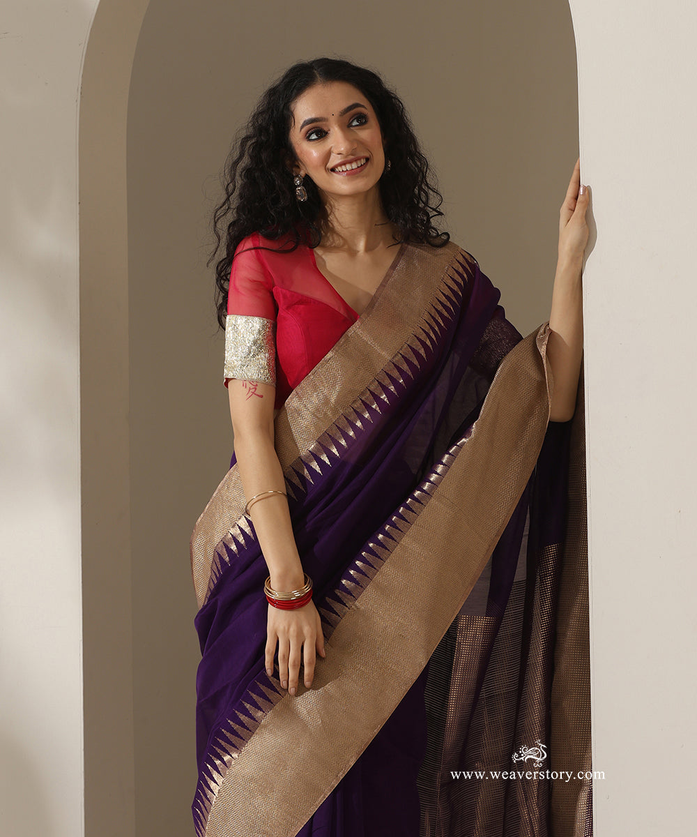 Purple_Handloom_Plain_With_Broad_Border_Cotton_Silk_Chanderi_Saree_WeaverStory_02
