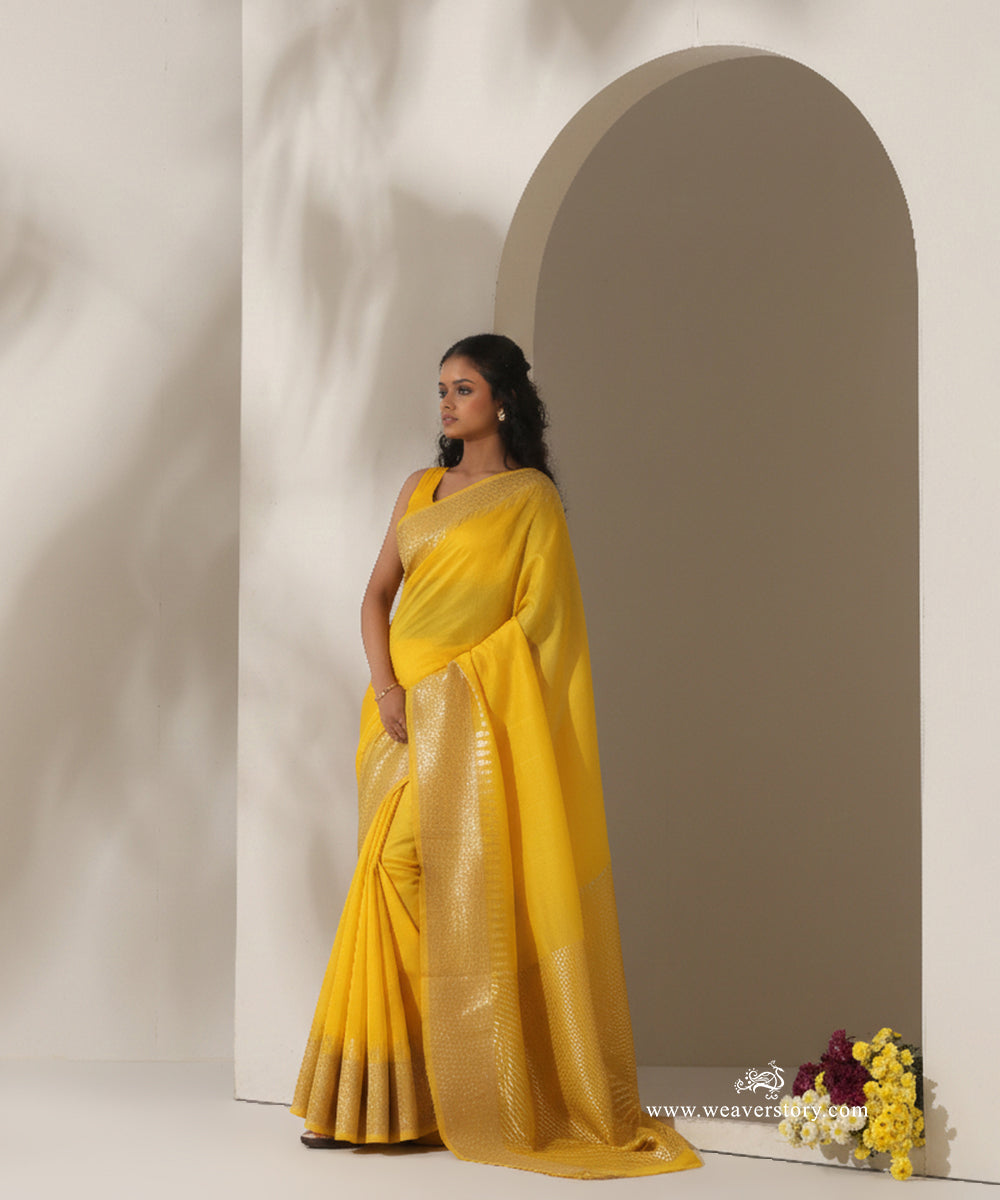 Yellow_Handloom_Plain_With_Broad_Border_Cotton_Silk_Chanderi_Saree_WeaverStory_01