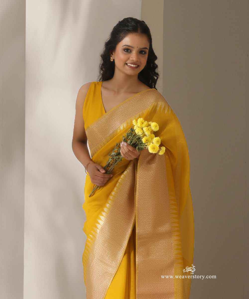 Yellow_Handloom_Plain_With_Broad_Border_Cotton_Silk_Chanderi_Saree_WeaverStory_02