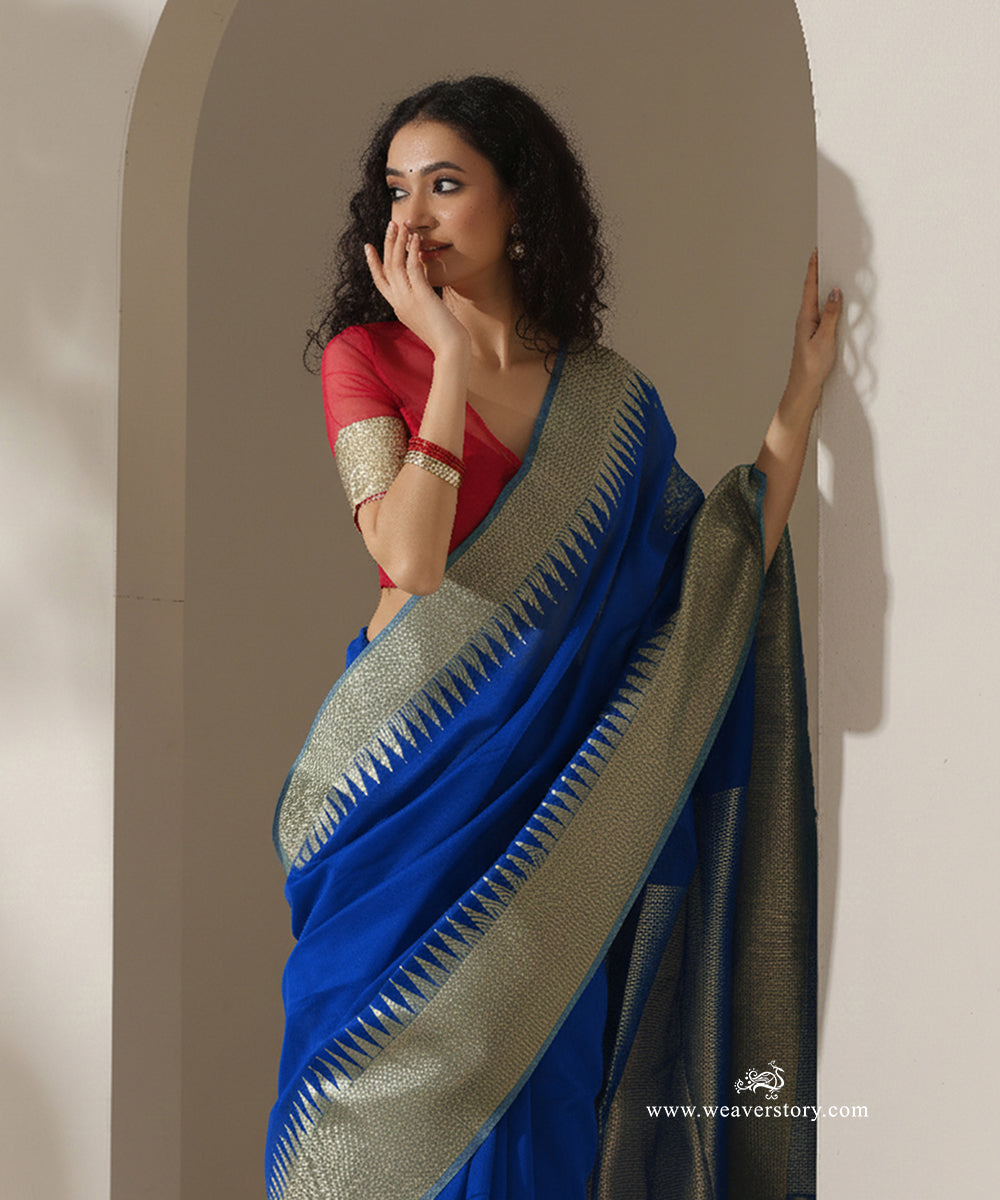 Royal_Blue_Handloom_Plain_With_Broad_Temple_Border_Cotton_Silk_Chanderi_Saree_WeaverStory_02