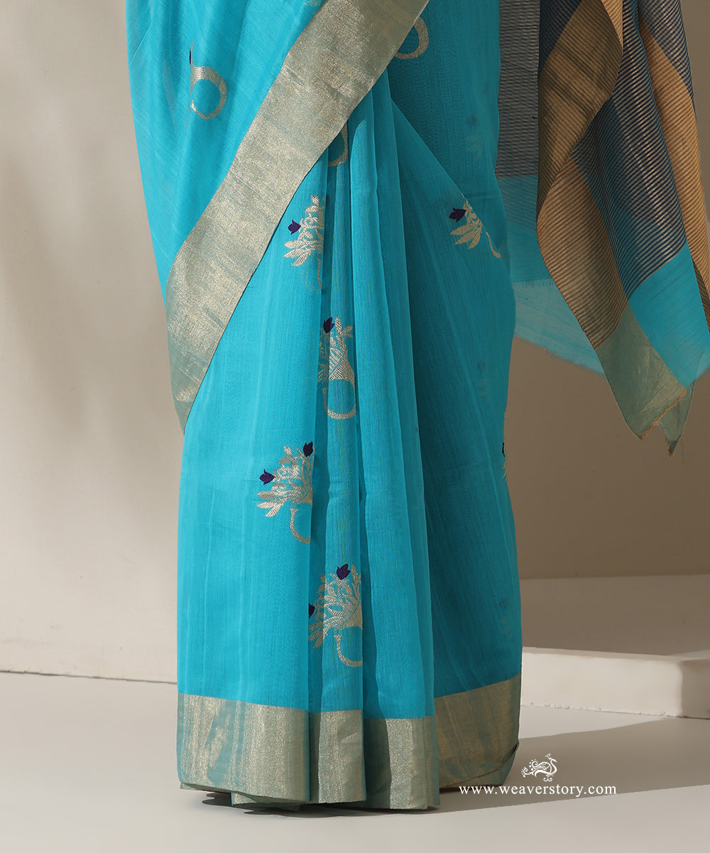 Turquoise_Blue_Handloom_Trumpet_Motif_Cotton_Silk_Chanderi_Saree_WeaverStory_04