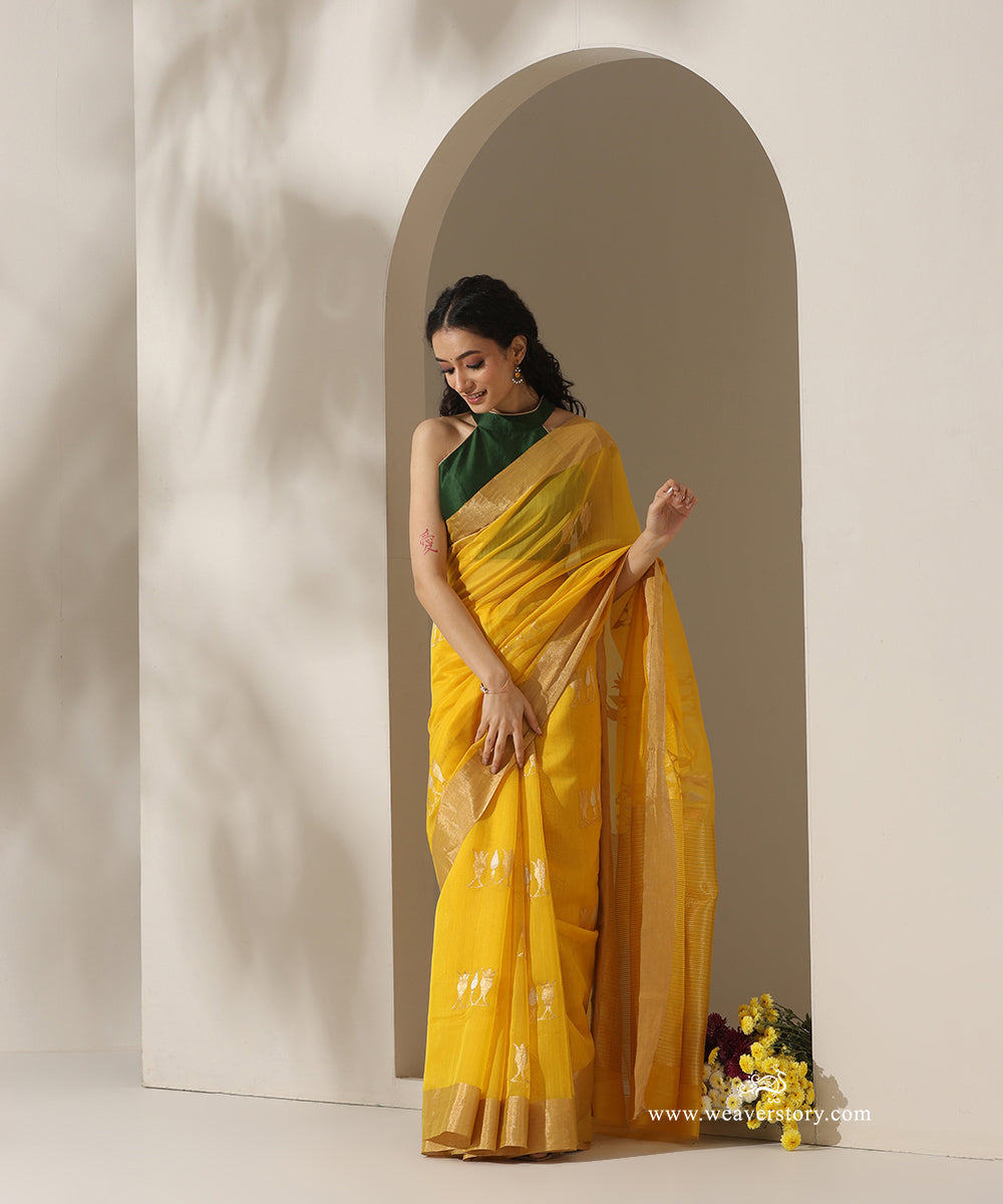 Yellow_Handloom_Tilak_Motif_Cotton_Silk_Chanderi_Saree_WeaverStory_01