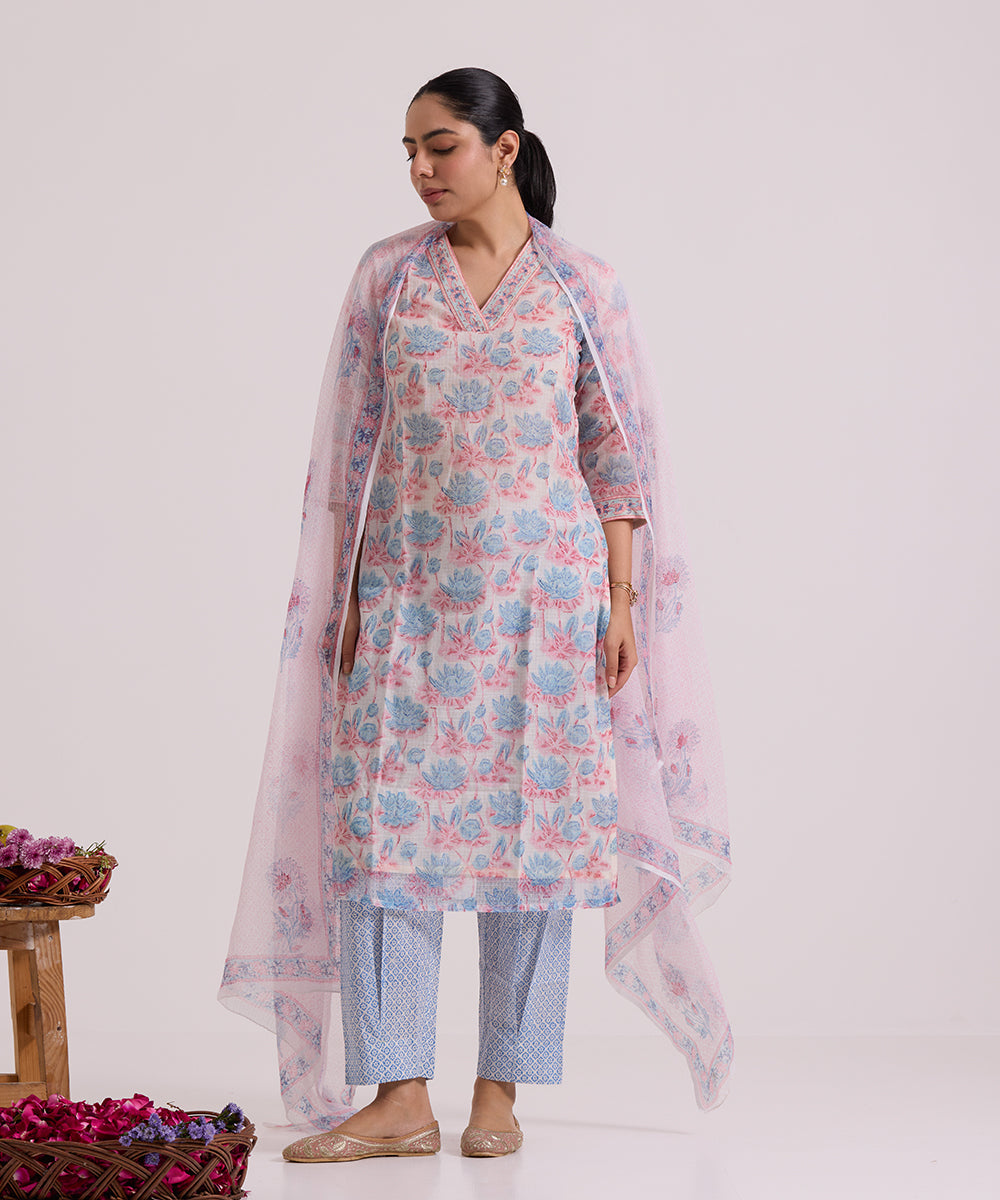 White_Lotus_Hand_Block_Printed_Kota_Doria_Suit_Set_With_Dupatta_WeaverStory_02