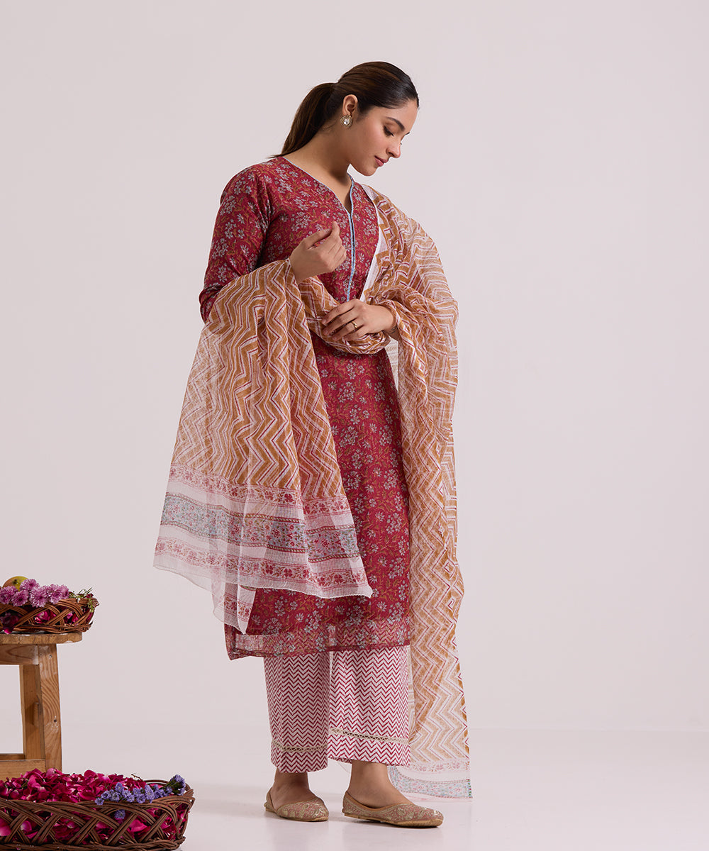 Red_Hand_Block_Printed_Kota_Doria_Suit_Set_With_Dupatta_WeaverStory_02