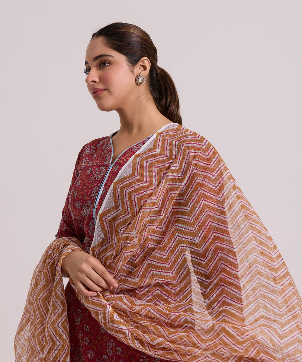 Red_Hand_Block_Printed_Kota_Doria_Suit_Set_With_Dupatta_WeaverStory_05