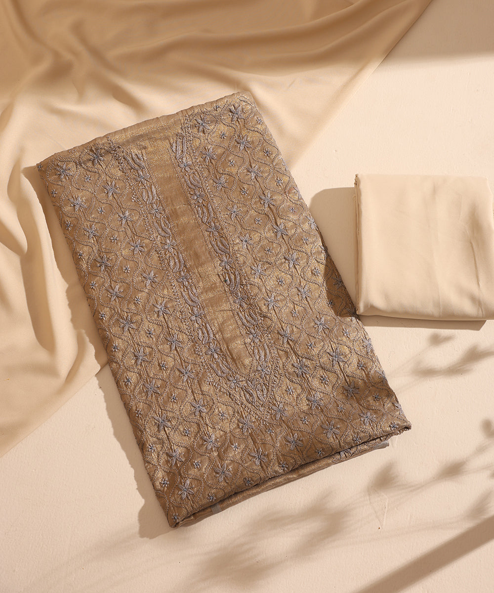 Beige-Brown_Lucknawi_Tissue_Kurtas_With_Embroidery_And_Lining_WeaverStory_01