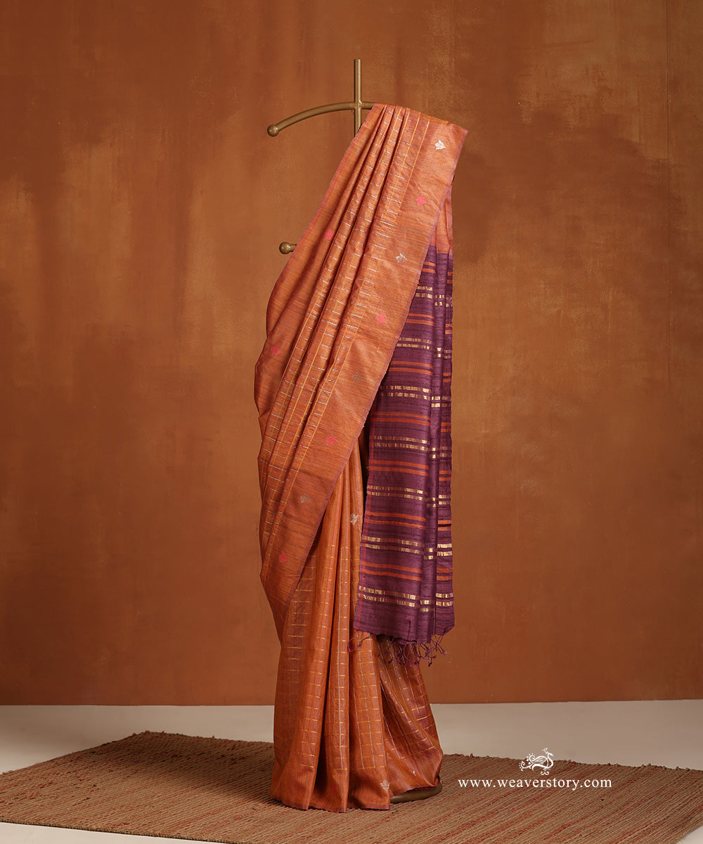 Orange_Handloom_Pure_Tussar_Silk_Saree_With_Gold_And_Silver_Strip_And_Purple_Pallu_WeaverStory_01