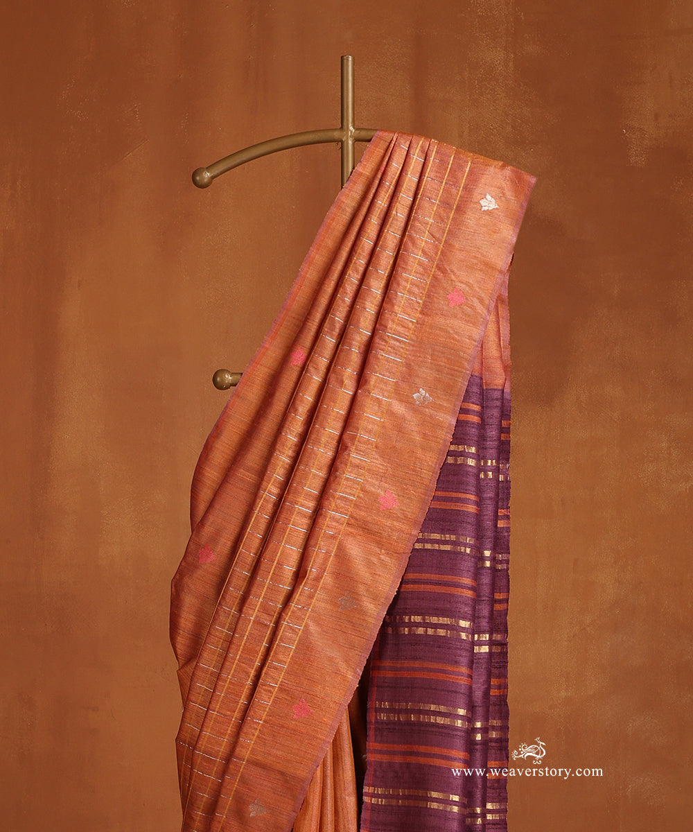 Orange_Handloom_Pure_Tussar_Silk_Saree_With_Gold_And_Silver_Strip_And_Purple_Pallu_WeaverStory_02